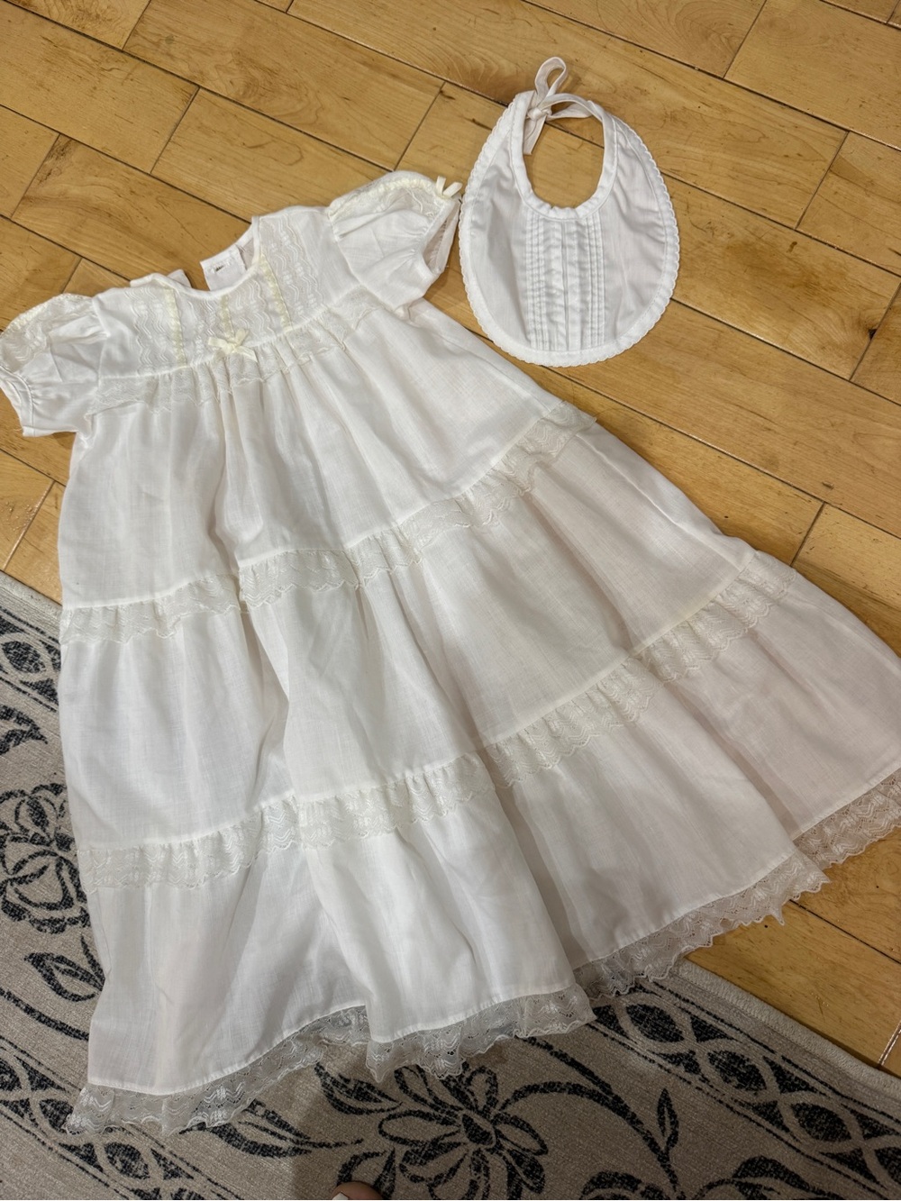 Vintage Alexis Baby Dress & Matching Bib | 6–9M | Heirloom Lace | Made in USA